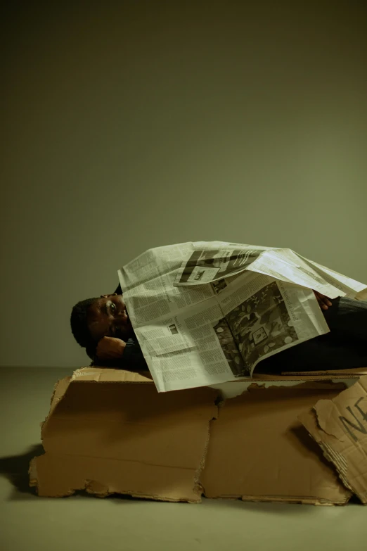 a man laying on top of a cardboard box