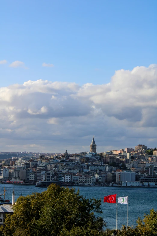 the view over a city with a big building