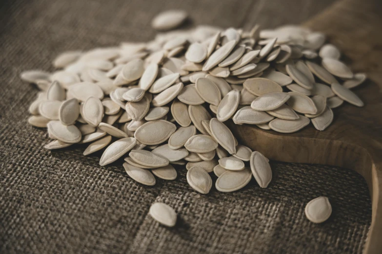 some seeds that are sitting in a small wooden spoon