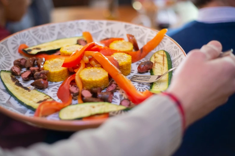 a person holding a plate filled with vegetables