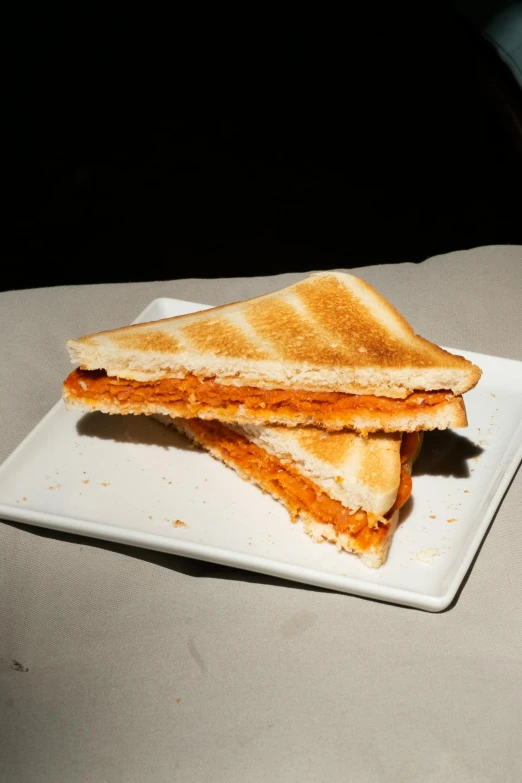 a plate holds two halves of grilled cheese sandwiches