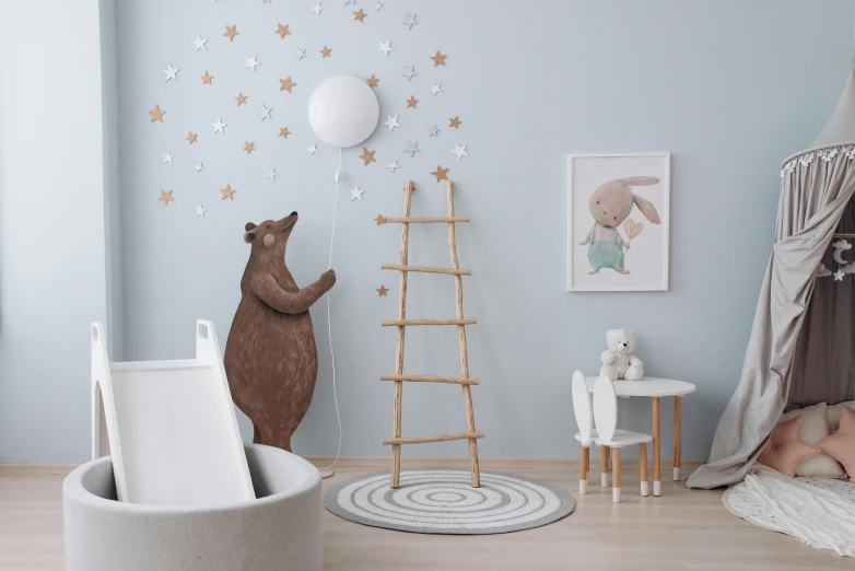 the teddy bear is playing in the baby's room