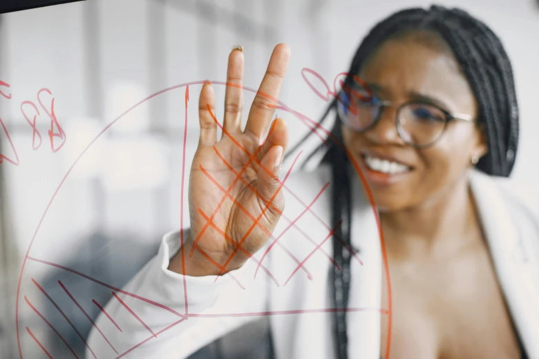 a woman with glasses and white jacket in front of a picture of an object