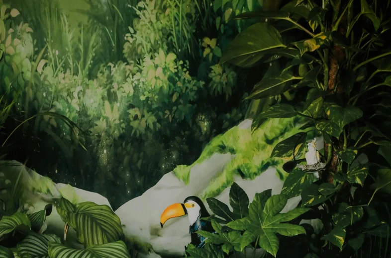 a painting of a toucan and some tropical plants