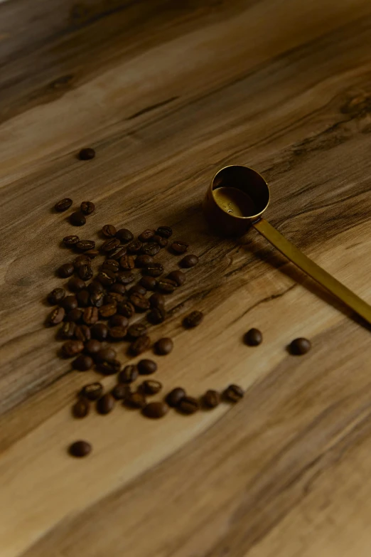 a spoon filled with coffee beans on top of a wooden table