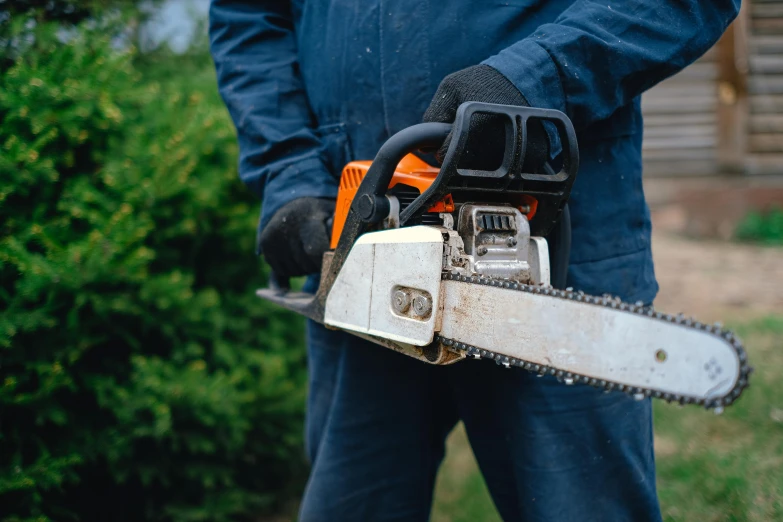 a person holding a chainsaw near a bush