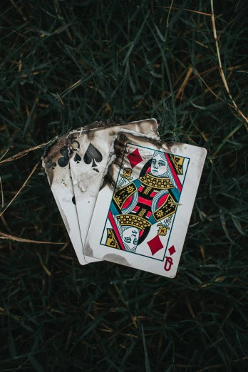 two cards with one playing card on them on some grass