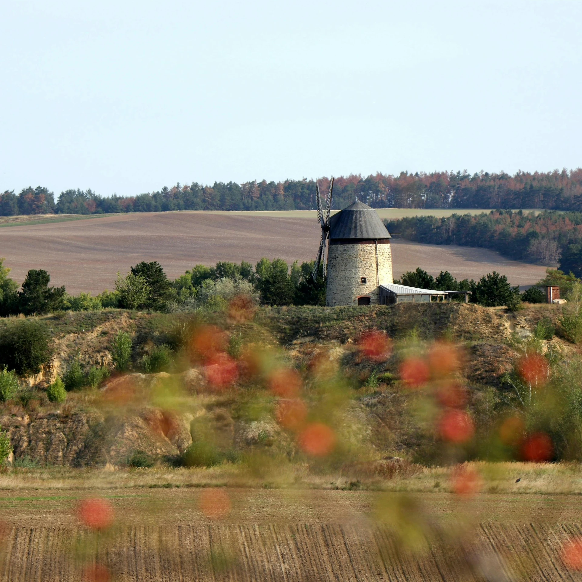 an old, brick building sits atop a tree - covered hill