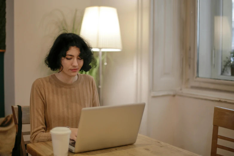 a woman sitting at a table using a laptop computer