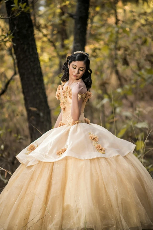 a woman in an elegant, gold ball gown stands among trees