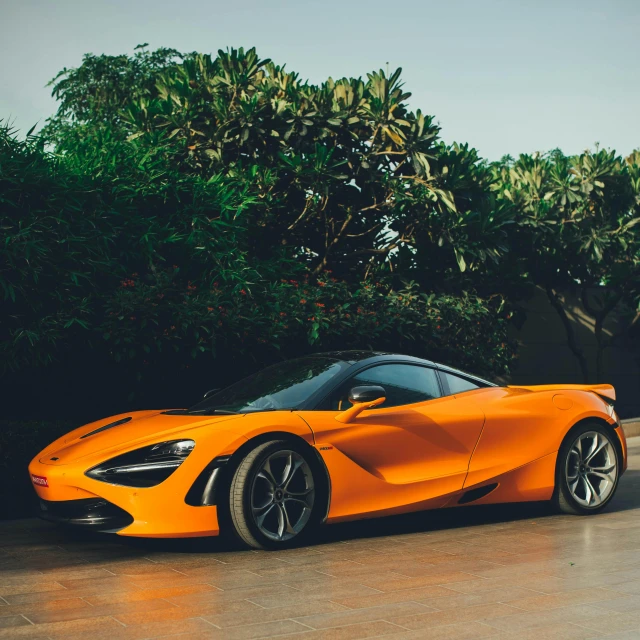 a close up of a sports car near trees