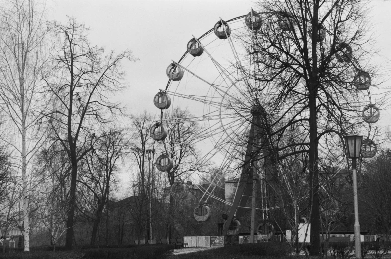 an abandoned amut park, black and white