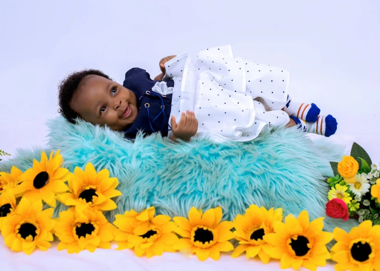 a baby smiling and posing in the middle of sunflowers