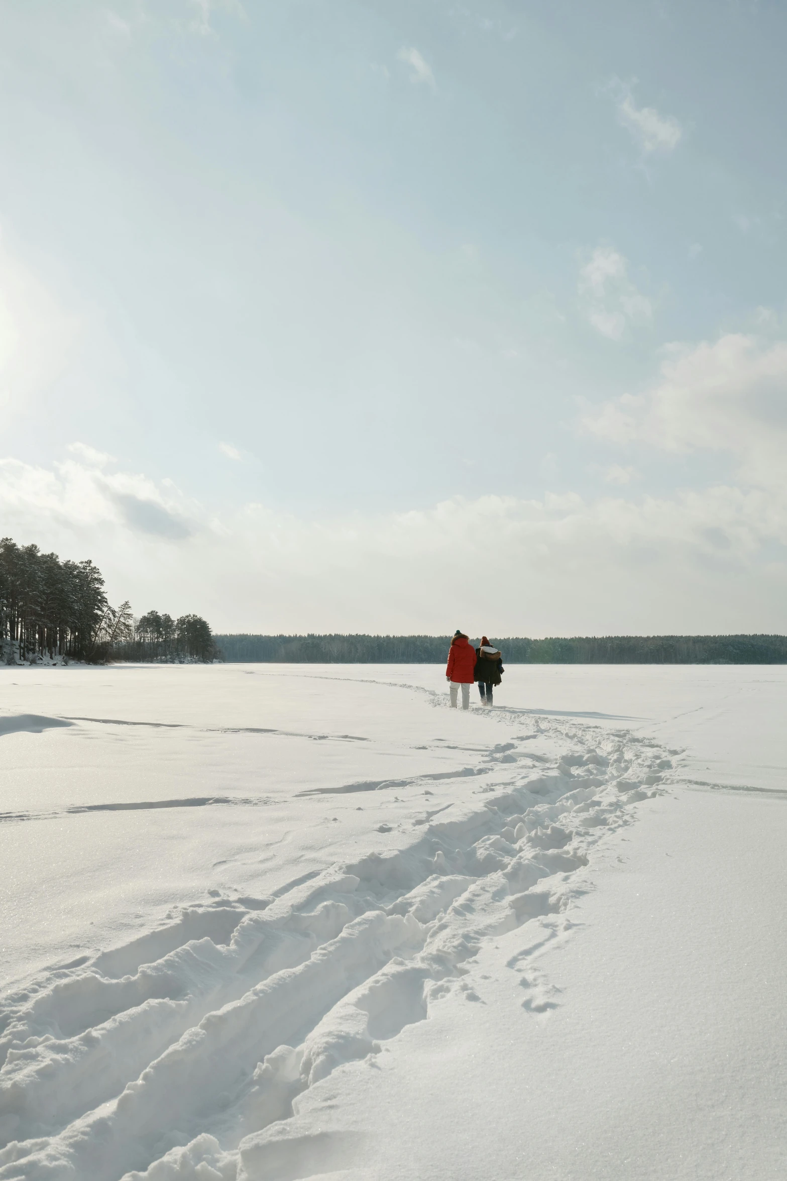 people are walking across a snowy plain on a cold day