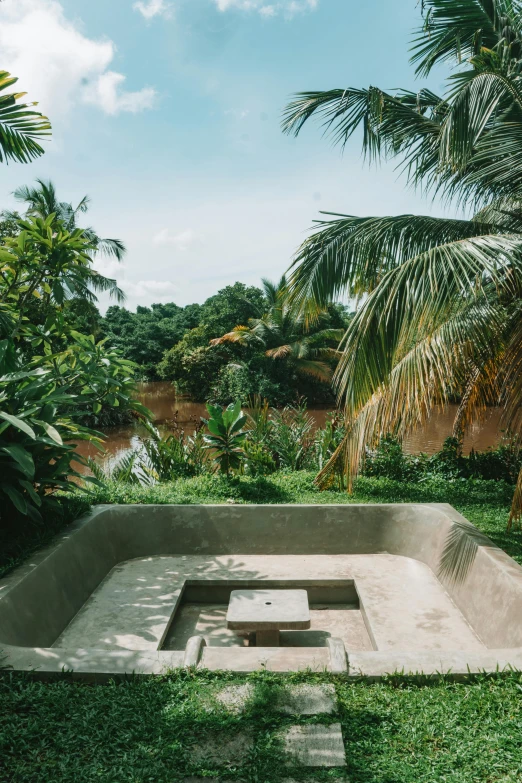 a well made cement pool and some tropical plants