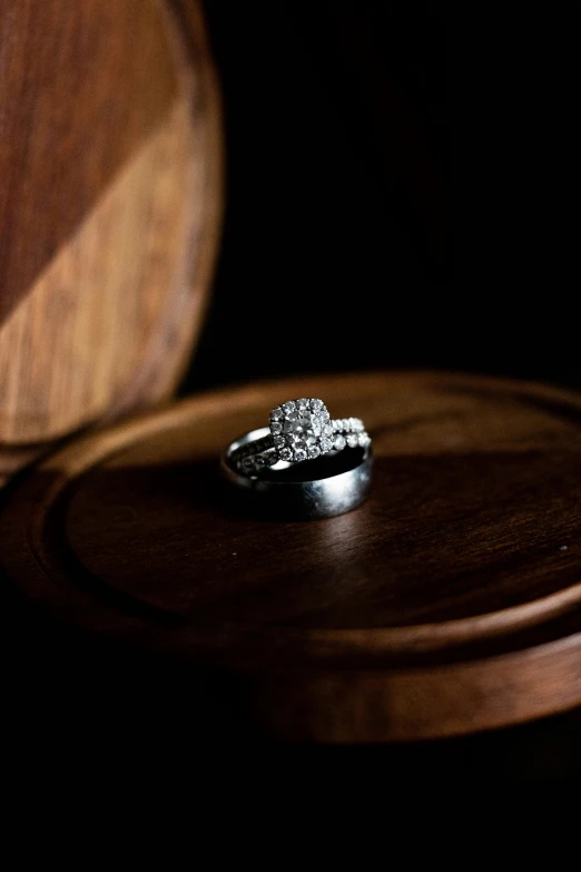 a close up s of a ring on a wooden box