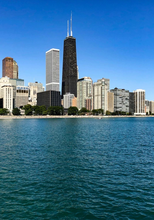 city skyline on a clear, sunny day from a boat