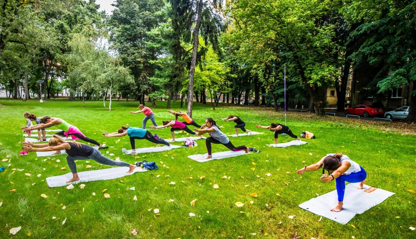 people doing yoga poses outdoors on mats in a park