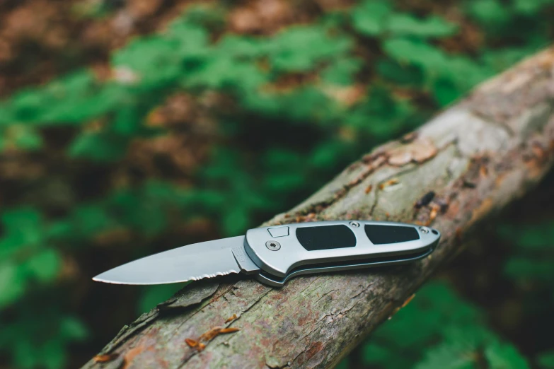 a pocket knife sitting on top of a tree nch