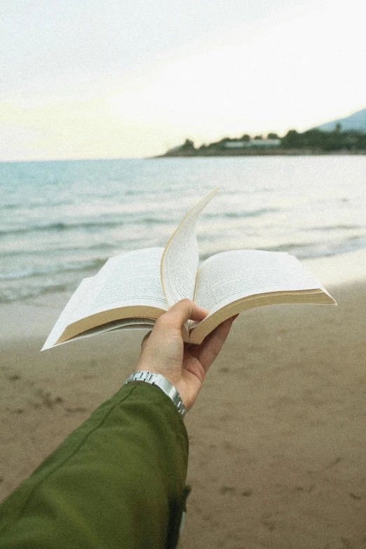 an open book held up in front of the ocean