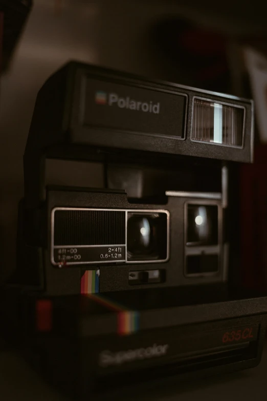 a polaroid camera set up with the rainbow lights behind it