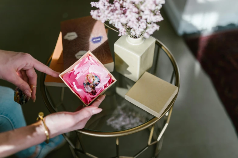 two hands touching a miniature doll near a coffee table with flowers