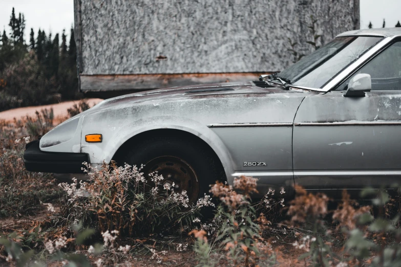 a car sitting in the grass near some bushes