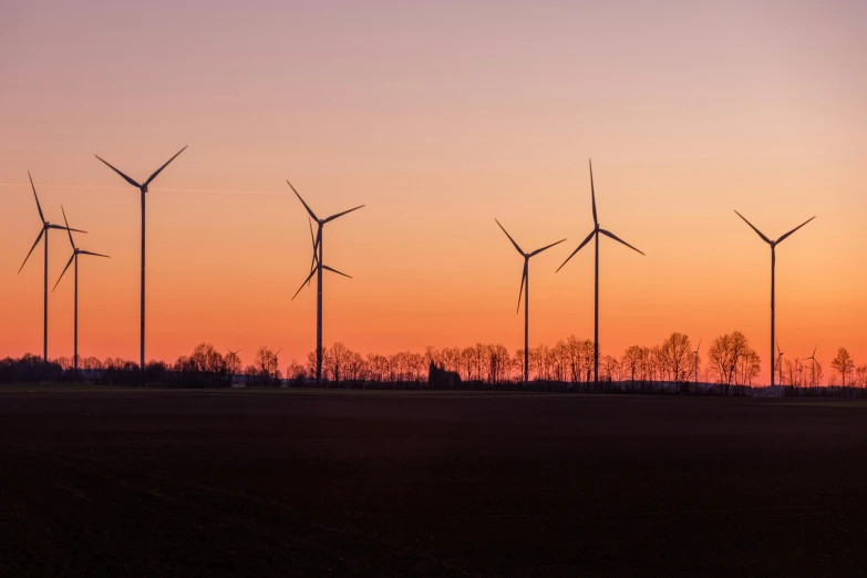 a field with multiple wind turbines in the sunset