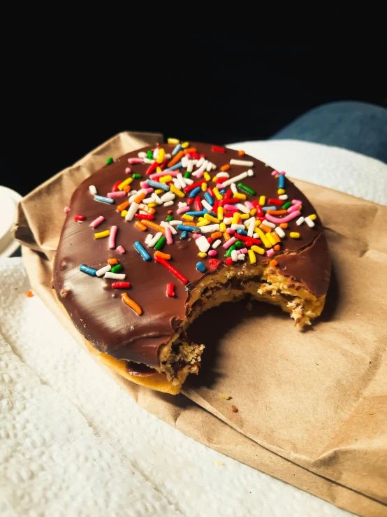 a half eaten doughnut with chocolate frosting and sprinkles