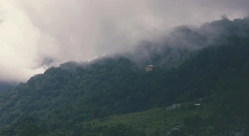 a cloud rolls in over a hillside of green trees