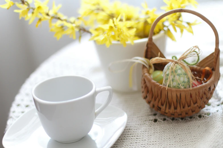 a small basket filled with food sitting on a table