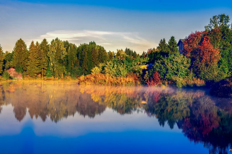 the sun shines brightly on a calm lake