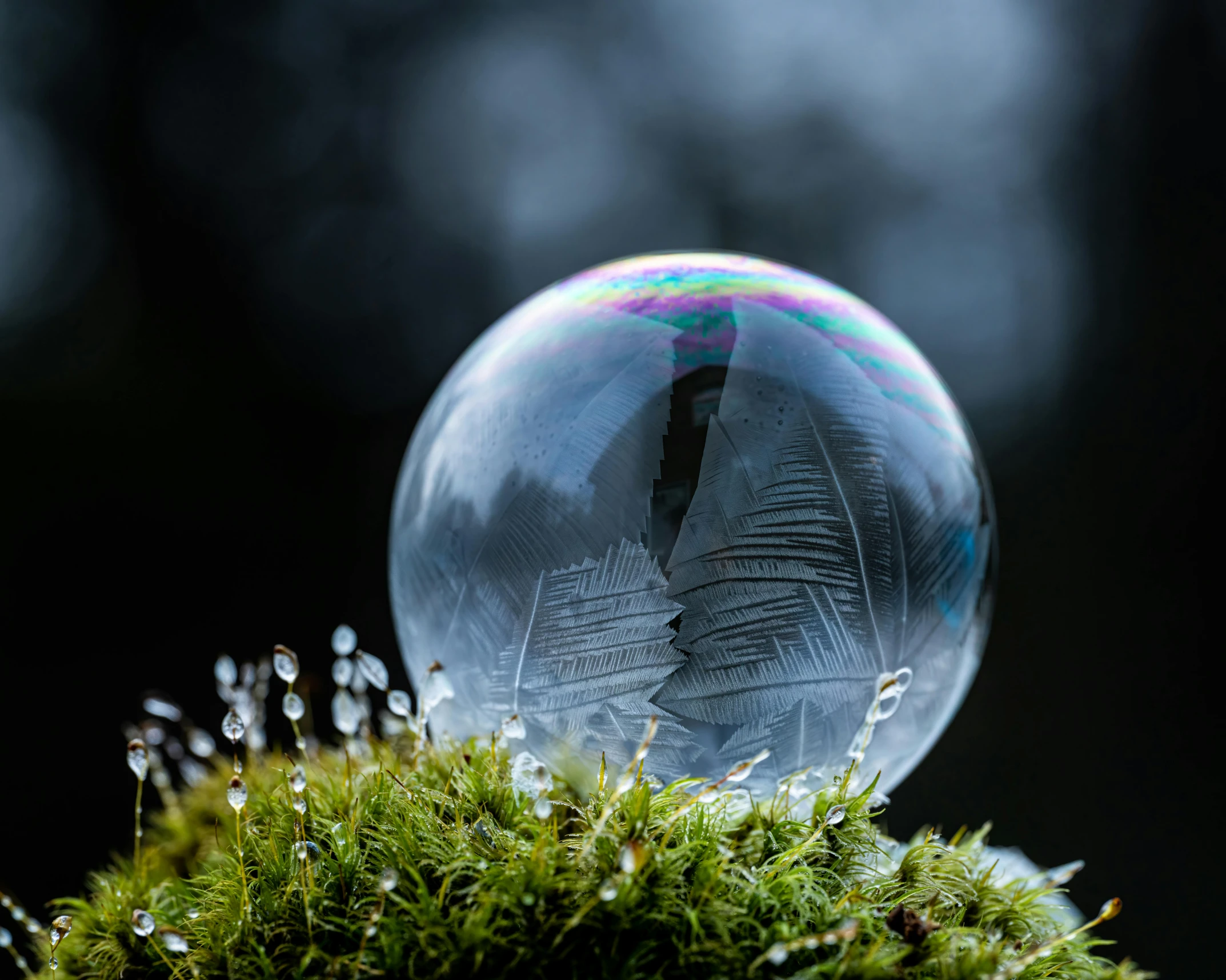 a crystal ball sitting on top of a mossy tree