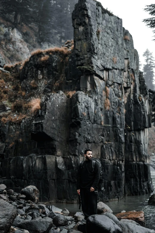 man standing by the water with black rocks