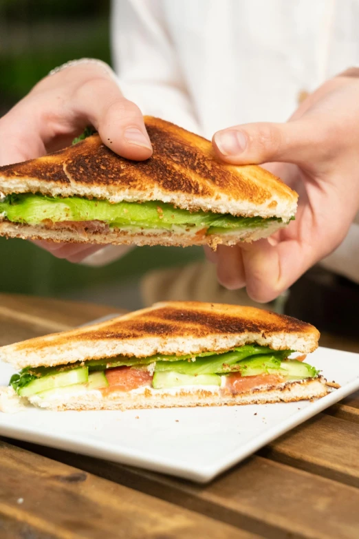 two sandwiches with meat and green vegetables sitting on a plate