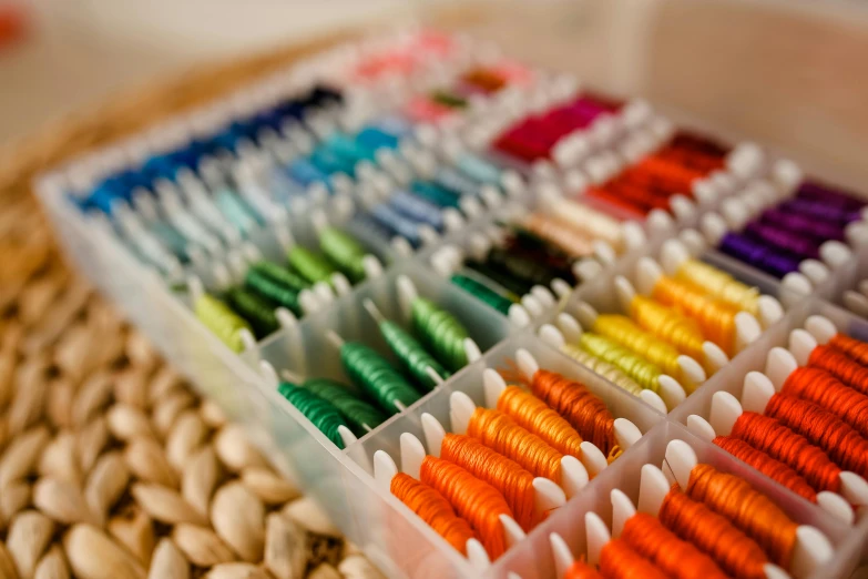 colorful thread in plastic cases in the shape of a drawer