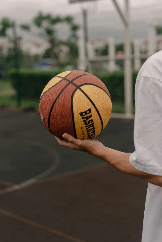 person holding basketball while on a court in a park