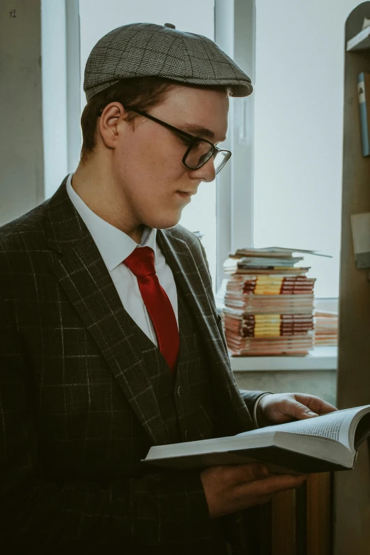 the man is looking at a book