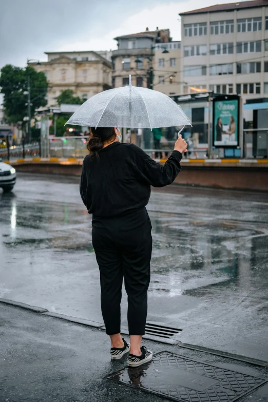 a woman with an umbrella is standing in the rain