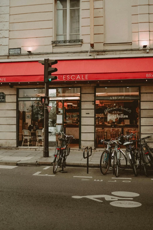 many bikes are parked in front of a storefront