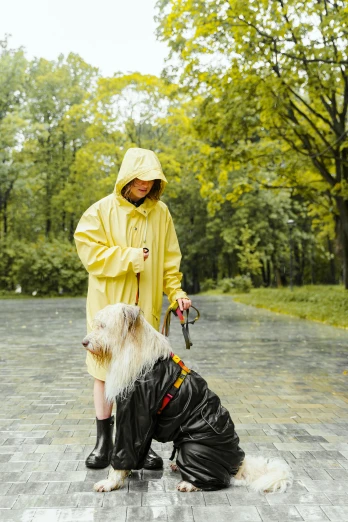 a man in yellow rain coat kneeling next to a dog