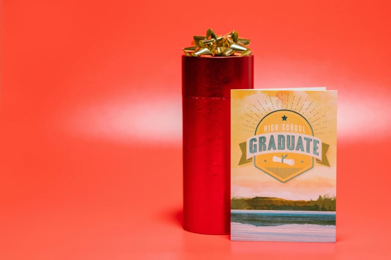 an image of an orange wrapped gift on red background