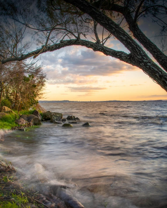 a lake with lots of water near trees and rocks