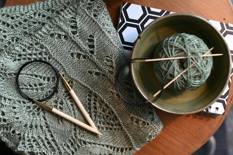 a knitting kit in a basket with a ball of yarn and two knitting needles