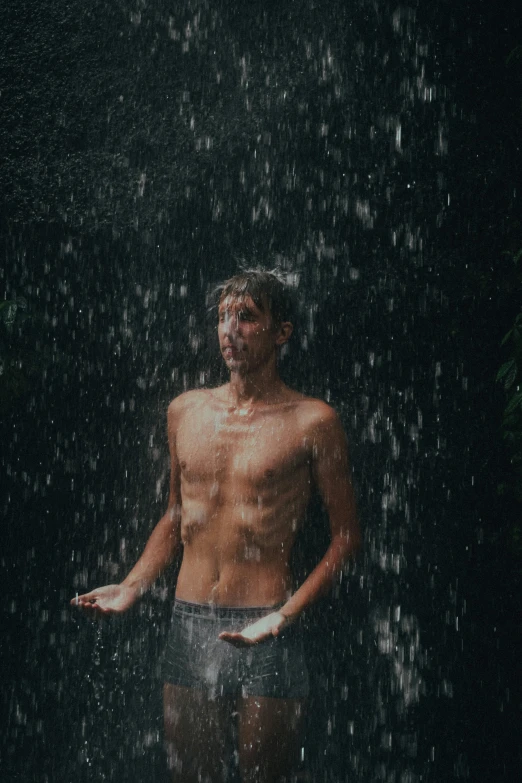 a man standing in the rain wearing 