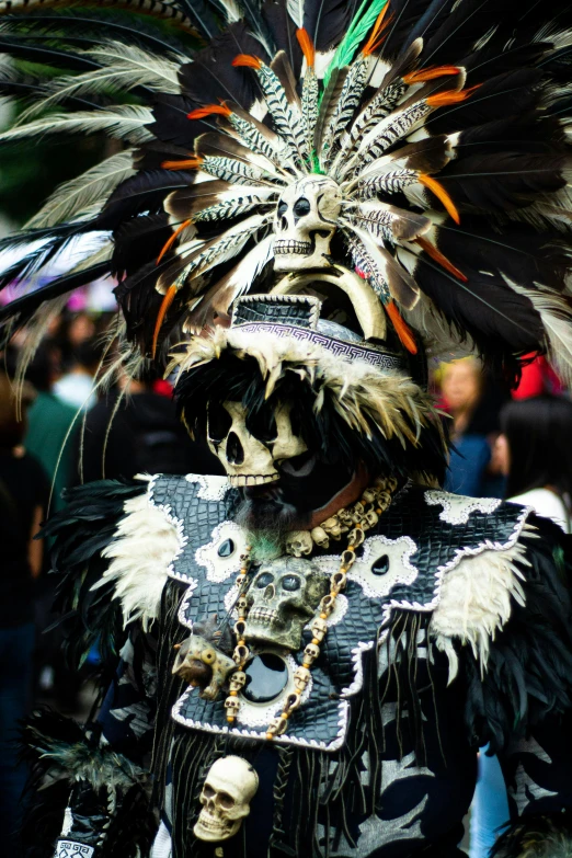 a person with a black and white headdress wearing an elaborate costume