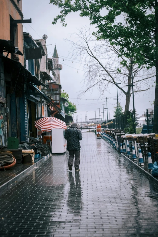 a person walking with an umbrella on a wet sidewalk