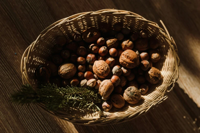 there is a basket full of nuts on the table