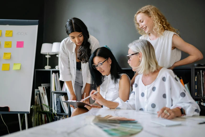 four women are looking at a tablet with sticky notes and a folder