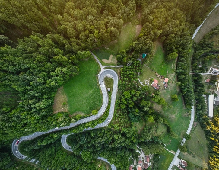 aerial view of winding road through a forest